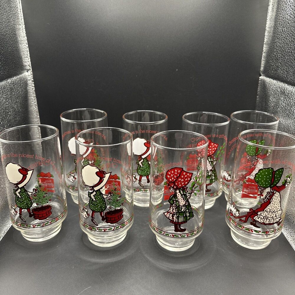8 Vintage HOLLY HOBBIE COCA COLA Christmas Glass 16oz Tumblers Red & Green